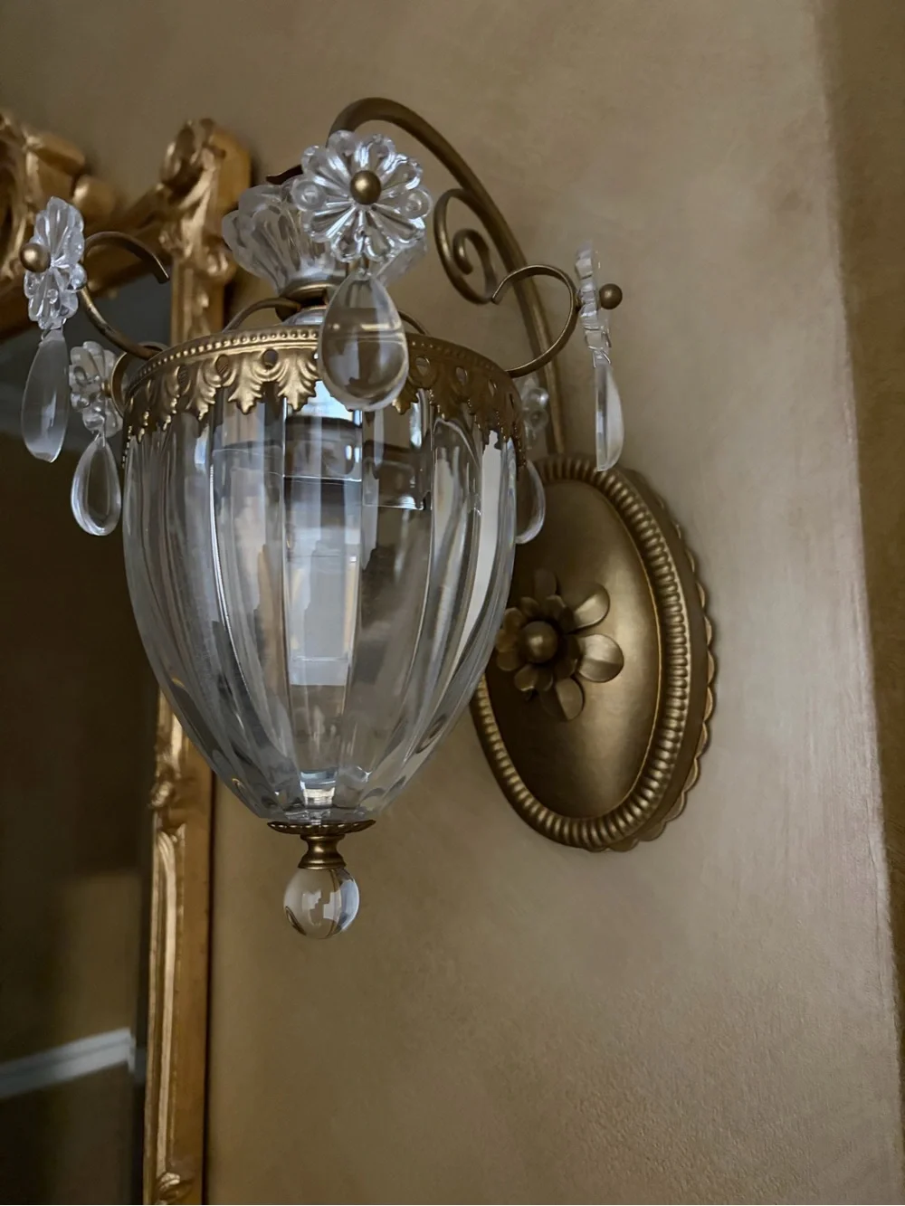 Brass & Clear Crystal Wall Sconce - Elegant Floral Accent
